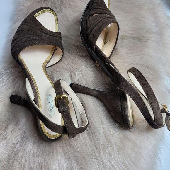 PRADA BROWN SUEDE OPEN-TOE ANKLE-STRAP HI-HEEL SLINGBACK SANDALS - Picture 6 of 8